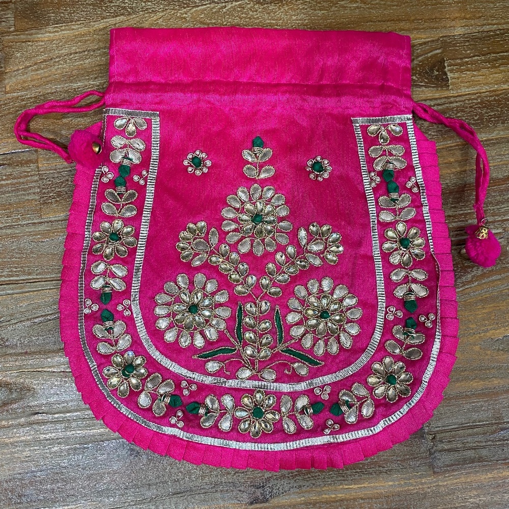 Embroidered and Embellished Drawstring Pouch